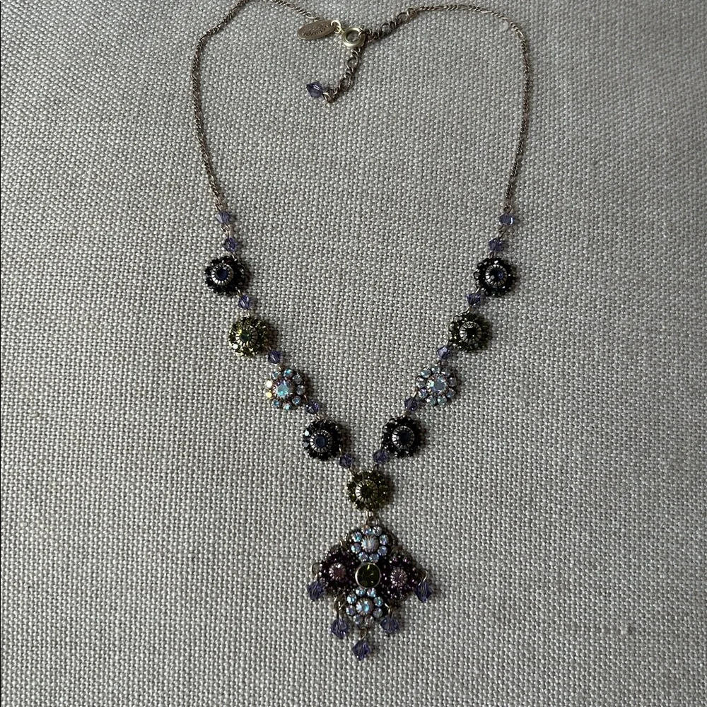 Liz Palacios Purple Pink Green Aurora Borealis Crystal Flower Pendant Necklace - Picture 13 of 14